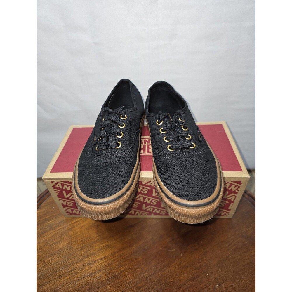 Vans Authentic Black Gum Sole Gold Eyelets Womens 7 Mens 5.5 Sneakers New